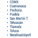 CDMX Cuernavaca Pachuca Puebla San Martín T. Tehuacán Tlaxcala Toluca Nezahualcóyotl